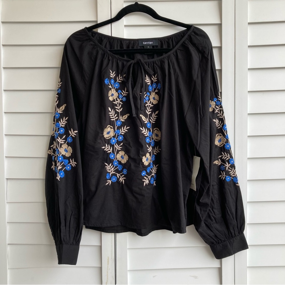 karen Kane blouse black and blue flower Cotton Size: LARGE
